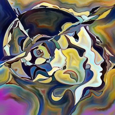 Parçalanmış Self serisi. İnsan yüzü ana hatları ve insan ilişkileri, zihin, psikoloji, iç dünya, yaratıcılık, zihinsel hastalık ve sanat konuları üzerine boyanmış desen kompozisyonu.