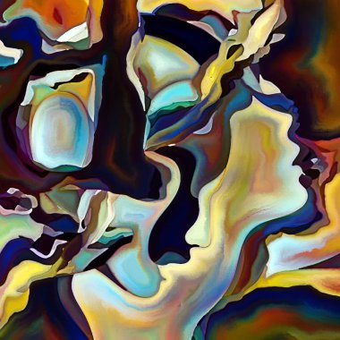 Parçalanmış Self serisi. İnsan yüzü ana hatları ve insan ilişkileri, zihin, psikoloji, iç dünya, yaratıcılık, zihinsel hastalık ve sanat konuları üzerine boyanmış desen kompozisyonu.