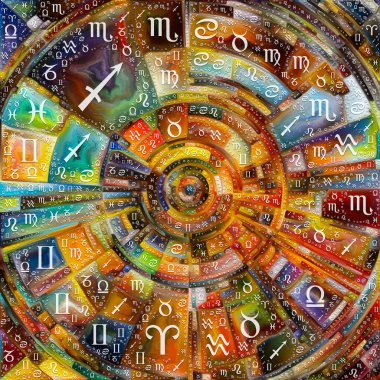 Astroloji serisinin yörüngeleri. Diskin soyut renkli resimleri, ışınlar ve ışıldayan renk kemerleri ve ruhsal enerji ve yaşam gücünün kaynağını temsil eden Zodiac sembolleri..