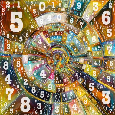 Numaralar Serisi Boyası. Yaşamın arkasındaki platonik enerjinin ve gücün kaynağını temsil eden renk ve sayı sembollerinin soyut renkli çizimi, ışınları ve kemerleri.