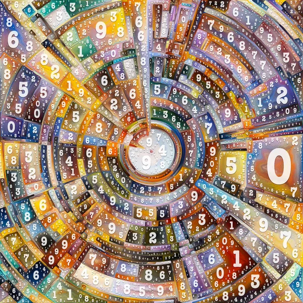 Paint by Numbers series. Abstract colorful painting of disk, rays and arches of radiating color and number symbols to represent source of platonic energy and power behind life.