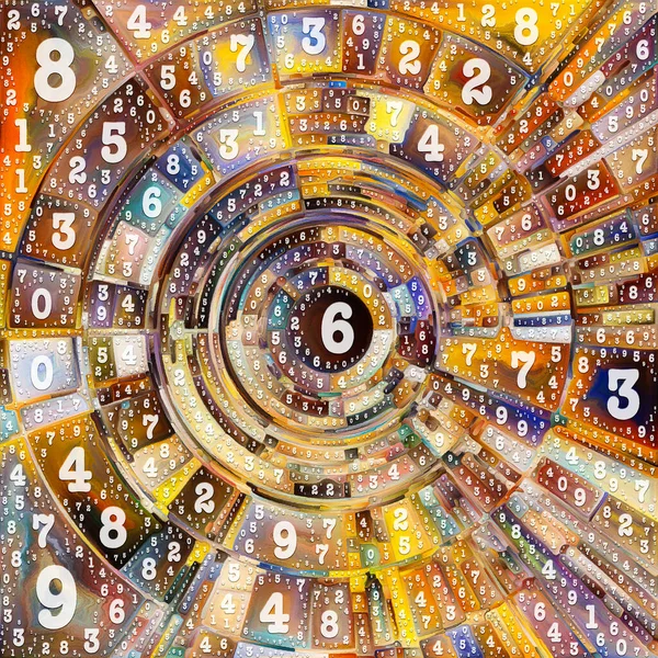 Paint by Numbers series. Abstract colorful painting of disk, rays and arches of radiating color and number symbols to represent source of platonic energy and power behind life.