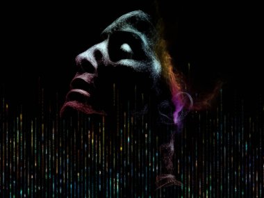 Sanal Zihin serisi. İnsan yüzünün 3 boyutlu görüntülenmesi ve aşırı bilgi yüklemesi, yapay zeka ve modern teknoloji konularındaki soyut dijital elementler.