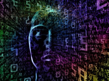 Sanal Zihin serisi. İnsan kafasının 3 boyutlu yorumlanması ve aşırı bilgi yüklemesi, yapay zeka ve modern teknoloji konularındaki soyut dijital elementler.