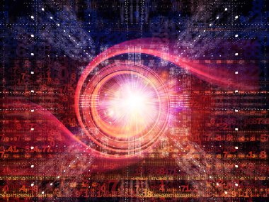 Dijital Yapı Serisi. Dijital teknoloji ve iletişim konularında ışık patlaması, sayılar ve fraktal elementler