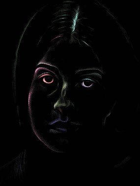 Kişilik Çalışmaları serisi. Sanat, şiir ve tiyatro projelerinde kullanılmak üzere Benekleme Tekniğiyle idam edilen genç bir kadının yüzü.