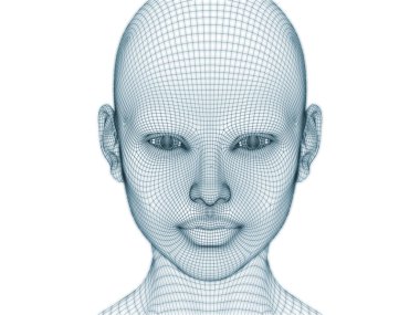 İnsan kafası ve yüzünün üç boyutlu görüntülenmesi illüstrasyon ve tasarım için tel örgüsü olarak kullanılacak