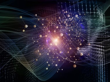 Soyut Ağ Sistemi. Bilim, eğitim ve modern teknoloji konularındaki parçacıklar, ışıklar ve soyut element bileşimi.