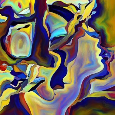 Parçalanmış Self serisi. İnsan kafası unsurları ve insan ilişkileri, zihin, psikoloji, iç dünya, yaratıcılık, zihinsel hastalık ve sanat konularındaki soyut şablon bileşimi.