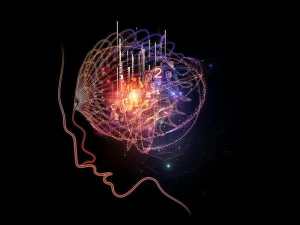 人类技术 关于现代科学 技术和教育的3D渲染中的人脸轮廓 灯光和数字元素 — 图库照片