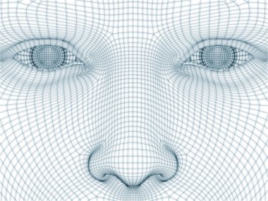 İnsan kafası ve yüzünün üç boyutlu görüntülenmesi illüstrasyon ve tasarım için tel örgüsü olarak kullanılacak