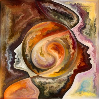 Organik Geometri serisi. İnsan yüzünün rengarenk unsurları iç dünya ve insan zihni üzerinde boyalı cam desenlerde uygulanır..