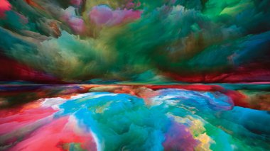 Işık bulutları. Gerçekliğe Kaçış dizisi. Doğaüstü günbatımı renkleri ve dokularından oluşan tasarım manzara resmi, hayal gücü, yaratıcılık ve sanat metaforu