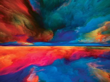 Renkli Vistas. Gerçekliğe Kaçış dizisi. Doğaüstü günbatımı renkleri ve dokularının kompozisyonu manzara resmi, hayal gücü, yaratıcılık ve sanatla ilişkilidir.