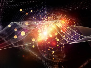 Soyut Ağ Sistemi. Bilim, eğitim ve modern teknoloji konularındaki parçacıklar, ışıklar ve soyut element bileşimi.