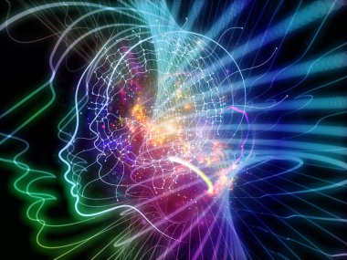 Zihin Parıltısı. İnsan çizgilerinin 3 boyutlu tasviri, sanal şebekeler ve eğitim konularındaki ışıklar bilim ve modern teknolojiler