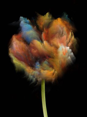 Renk Çiçekleri serisi. Neşe, yaratıcılık ve sanat konularında siyah üzerine fraktal boya bulutları.