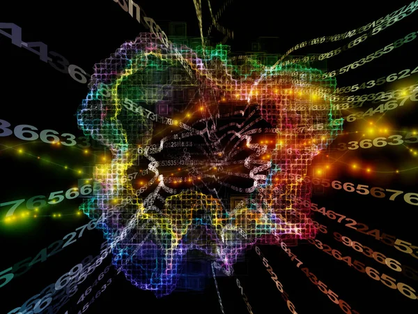 Digital Bottleneck. 3D illustration of number streams, fractal grids and light on subject of information processing, data streams and modern technologies.
