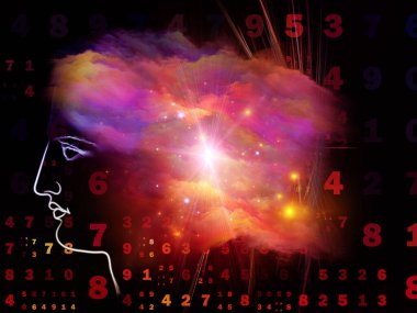 Sayılar, yüz hatları ve ışık kompozisyonu dijital devrim ve insan faktörü hakkında