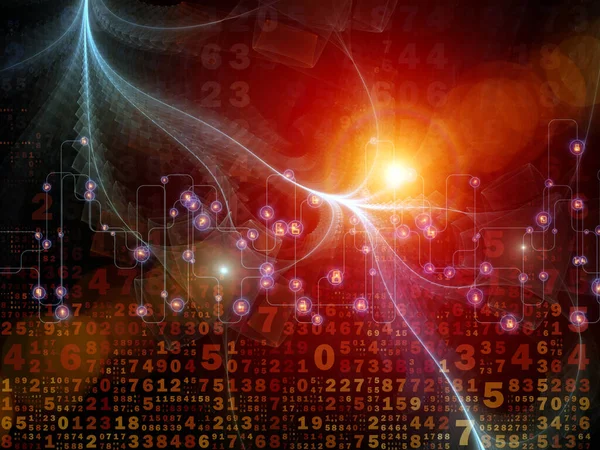 3D illustration of numbers, fractal membranes and lights composition on subject of digital technology and communications