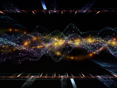 Uzayda aktarım. Sanal Dalga serisi. Veri transferiyle kavramsal ilişkili yatay sinüs dalgaları ve ışık parçacıklarının görüntüsü, sanal, yapay, matematiksel gerçeklik.