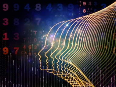 Zihin serisinin doğuşu. Genel yapay zeka ve modern teknoloji üzerine insan kafası siluetleri ve sayı şebekelerinin arka planı.