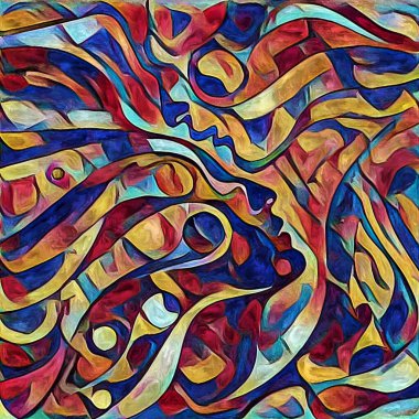 Sanat serisi deseni. Yaratıcılık ve sanat konularında dijital tuvale işlenmiş soyut insan yüzleri ve renkleri.