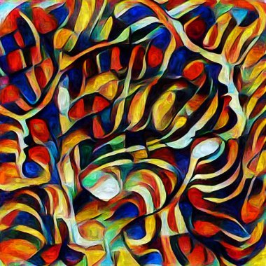 Sanat serisi deseni. Yaratıcılık ve sanat konusunda dijital tuvalde oluşturulan soyut yüz, şekiller ve renk elementleri.