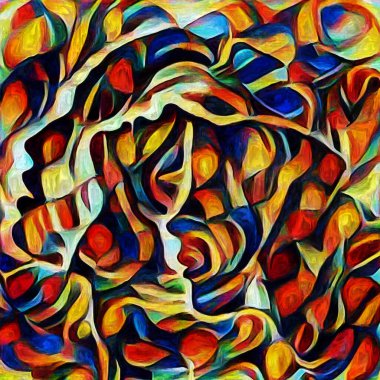 Sanat serisi deseni. Yaratıcılık ve sanat konusunda dijital tuvalde oluşturulan soyut yüz, şekiller ve renk elementleri.