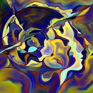 Parçalanmış Self serisi. İnsan yüz hatları ve insan ilişkileri, zihin, psikoloji, iç dünya, yaratıcılık, zihinsel hastalık ve sanat konularındaki organik renk kalıpları.