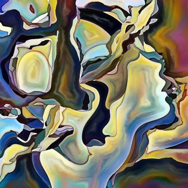 Parçalanmış Self serisi. İnsan yüzü ana hatları ve insan ilişkileri, zihin, psikoloji, iç dünya, yaratıcılık, zihinsel hastalık ve sanat konuları üzerine boyanmış desen kompozisyonu.