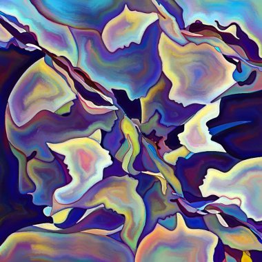 Parçalanmış Self serisi. İnsan yüz hatları ve insan ilişkileri, zihin, psikoloji, iç dünya, yaratıcılık, zihinsel hastalık ve sanat konularındaki organik renk kalıpları.