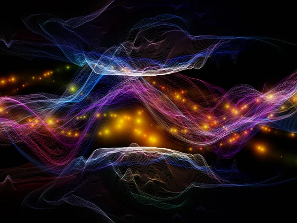 Virtual Micro World. Virtual Wave series. Visually attractive backdrop made of horizontal sine waves and light particles suitable in layouts on data transfer, virtual, artificial, mathematical reality.