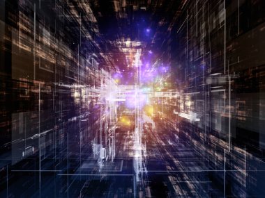 Sanal Teknoloji Uzayı serisi. Bilim, eğitim, iletişim ve modern teknoloji konularında üç boyutlu uzayda soyut elementlerin arkaplanı.