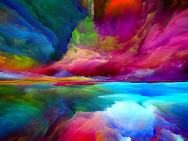 Işık Ülkesi. Gerçekliğe Kaçış dizisi. Doğaüstü günbatımı renklerinden ve manzara resmi, hayal gücü, yaratıcılık ve sanatla ilgili dokulardan oluşan soyut tasarım.