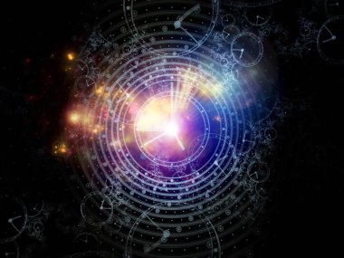 Sanal saatler. Time serisinin yüzleri. Saat kadranlarından ve bilim, eğitim ve modern teknolojilerle ilgili soyut elementlerden oluşan soyut tasarım