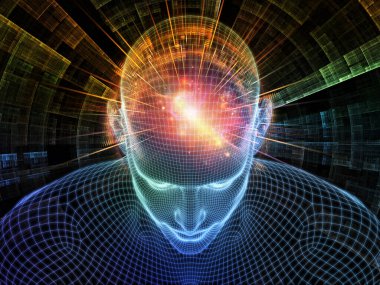 Dijital boşluk. Bilinçli Zihin serisi. Yapay zeka, insan bilinci ve ruhani yapay zekanın metaforu olarak parlayan tel örgü insan yüzünün üç boyutlu bir tasarımı.