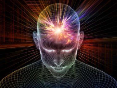 Dijital Düşünceler. Bilinçli Zihin serisi. Parlayan kablonun 3 boyutlu görüntülenmesi yapay zeka, insan bilinci ve ruhani yapay zeka projelerinde kullanılmak üzere insan yüzünü örgüler.