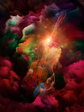 Müzik, sanat ve yaratıcılık konularında renkli keman ve fraktal boya soyutlaması. 3B Görüntü.