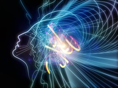 Zihin Parıltısı. İnsan çizgilerinin 3 boyutlu tasviri, sanal şebekeler ve eğitim konularındaki ışıklar bilim ve modern teknolojiler