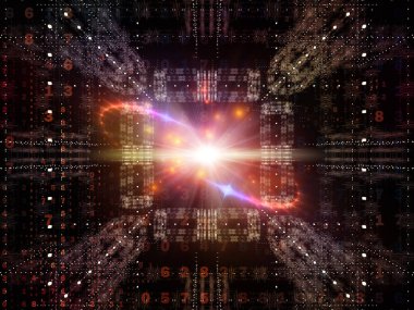 Dijital Yapı Serisi. Dijital teknoloji ve iletişim konularında 3 boyutlu ışık patlaması, sayılar ve fraktal elementler gösterimi