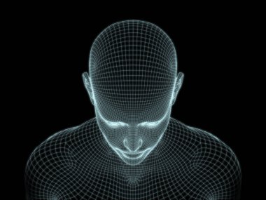 Teknoloji, eğitim ve bilgisayar bilimleri illüstrasyonlarında kullanılmak üzere insan kafasının tel örgüsü içinde 3B görüntüsü