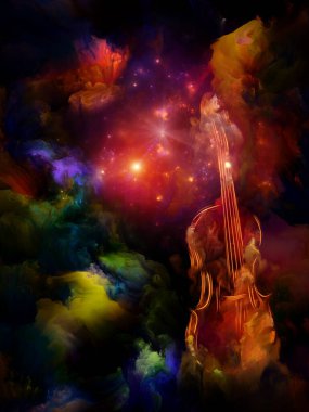 Müzik, sanat ve yaratıcılık konularında renkli keman ve fraktal boya soyutlaması. 3B Görüntü.