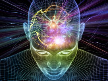 Dijital Düşünceler. Bilinçli Zihin serisi. Parlayan kablonun 3 boyutlu görüntülenmesi yapay zeka, insan bilinci ve ruhani yapay zeka projelerinde kullanılmak üzere insan yüzünü örgüler.