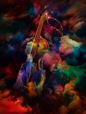 Müzik, sanat ve yaratıcılık konularında renkli keman ve fraktal boya soyutlaması. 3B Görüntü.