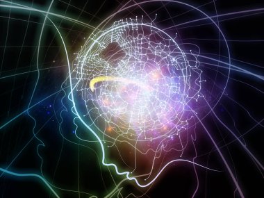 Zihin Parıltısı. İnsan çizgilerinin 3 boyutlu tasviri, sanal şebekeler ve eğitim konularındaki ışıklar bilim ve modern teknolojiler
