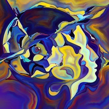 Parçalanmış Self serisi. İnsan yüzü ana hatları ve insan ilişkileri, zihin, psikoloji, iç dünya, yaratıcılık, zihinsel hastalık ve sanat konularındaki renkli şablon kompozisyonu.