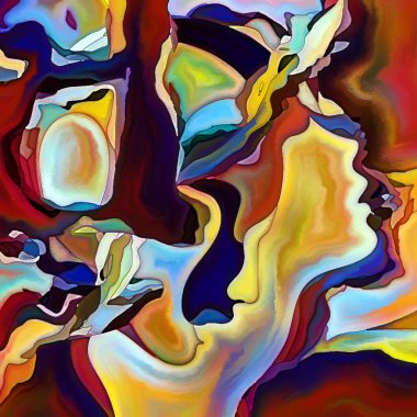 Parçalanmış Self serisi. İnsan yüz hatları ve insan ilişkileri, zihin, psikoloji, iç dünya, yaratıcılık, zihinsel hastalık ve sanat konularındaki organik renk kalıpları.