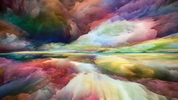 夢の国 心の風景 シリーズ 創造性と想像力をテーマに明るい塗料 運動勾配とシュールな山と雲の配置 — ストック写真