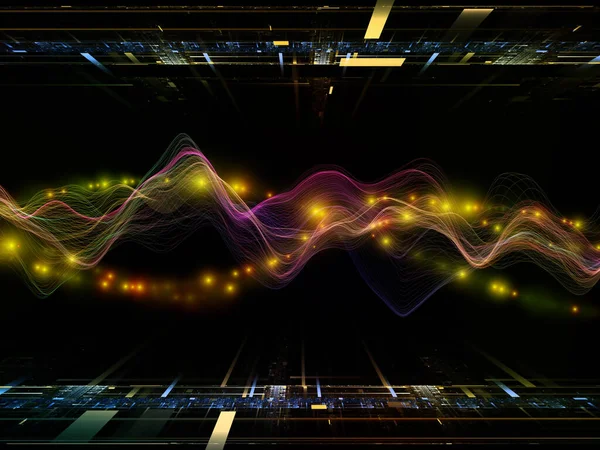 仮想現実 仮想波シリーズ データ転送 数学的現実に関連して水平正弦波と光粒子の構成 — ストック写真